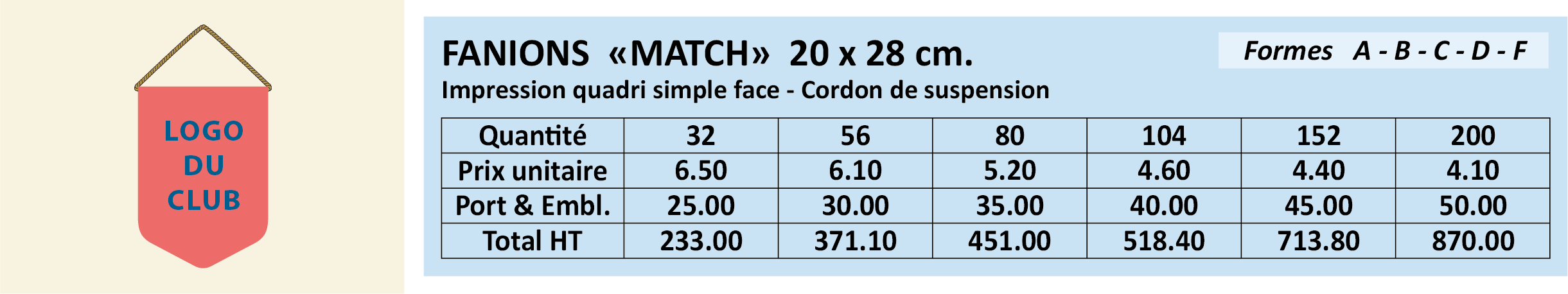 Fanions Match 20 x 28 cm - Tarifs