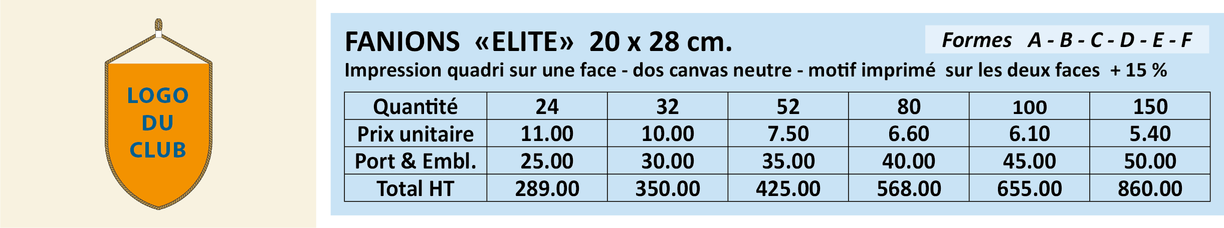 Fanions Equipe 20 x 28 cm - Tarifs