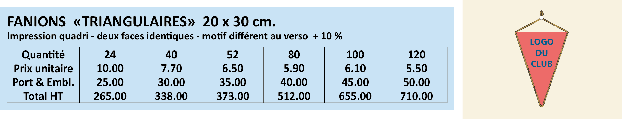Fanions Equipe 20 x 30 cm - Tarifs